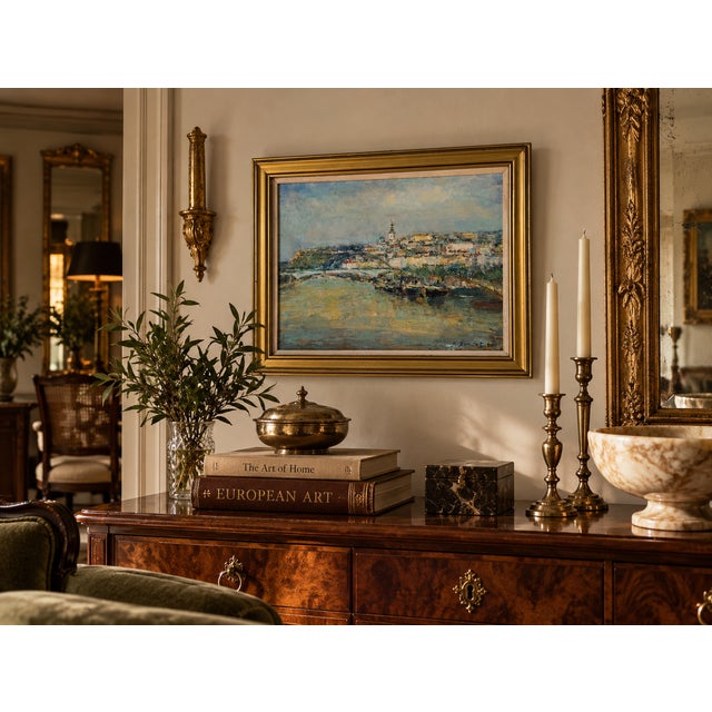 Beautiful vintage European Impressionist oil painting on canvas depicting a charming riverside cityscape with...