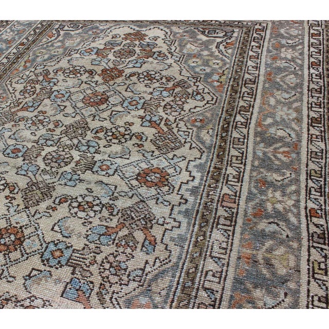 Blue Antique Persian Malayer Rug With Soft Blue, Ivory, and Brown Geometric Medallion Design For Sale - Image 8 of 12