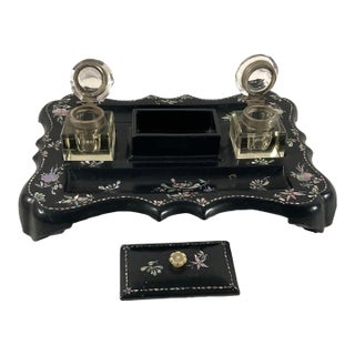 Antique Victorian Papier Mache Double Inkwell Desk Set Abalone Shell Dip Pen For Sale