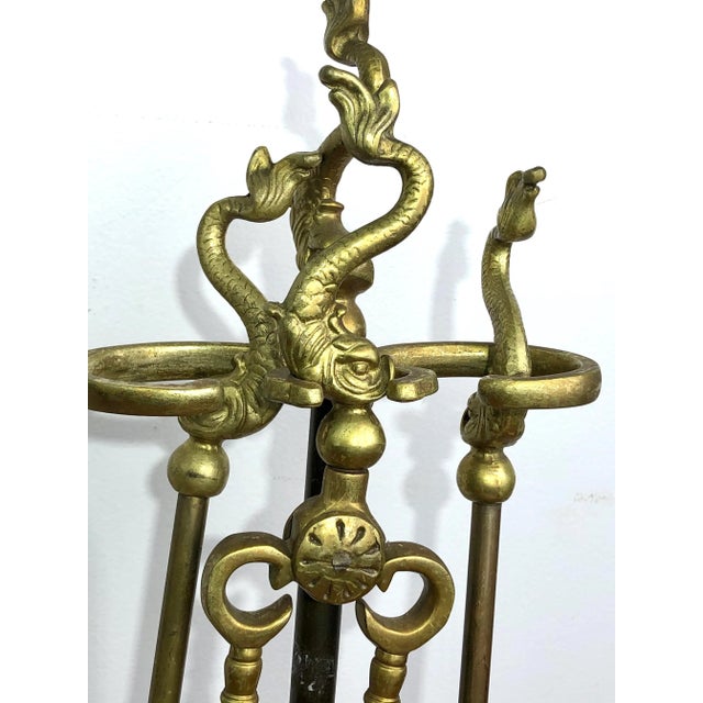 Traditional Dolphin Brass Fireplace Tool Set With Marble Base For Sale - Image 3 of 7