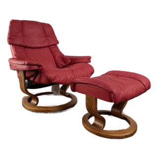 Red Leather Ekornes Stressless Chair & Ottoman For Sale