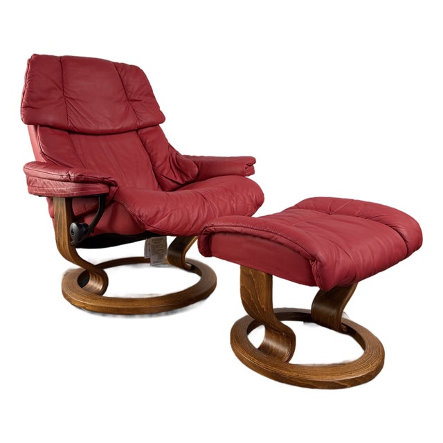 Red Leather Ekornes Stressless Chair & Ottoman For Sale