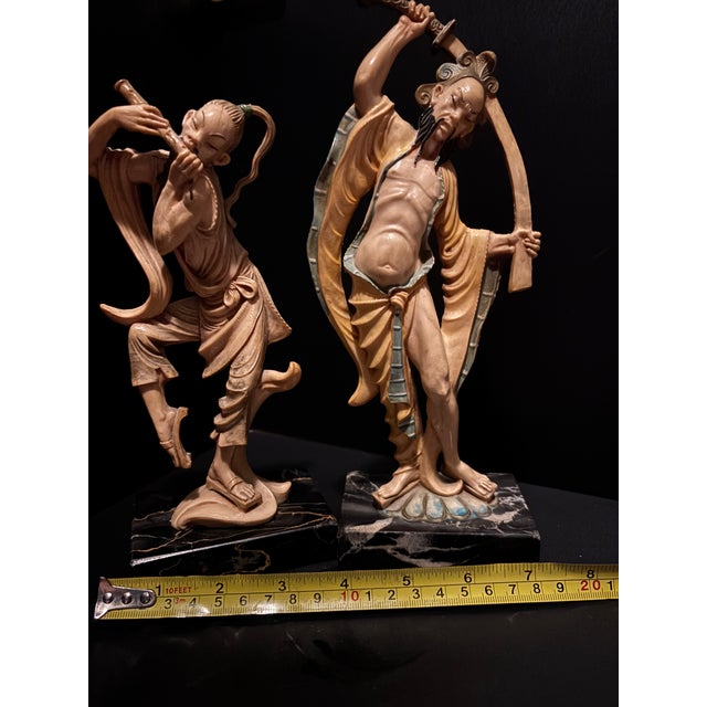Vintage Italian Fontanini- Asian Warrior and Musician Figurine Set Mid-Century Hand-Painted Sculptures on Marble Bases For Sale - Image 12 of 12