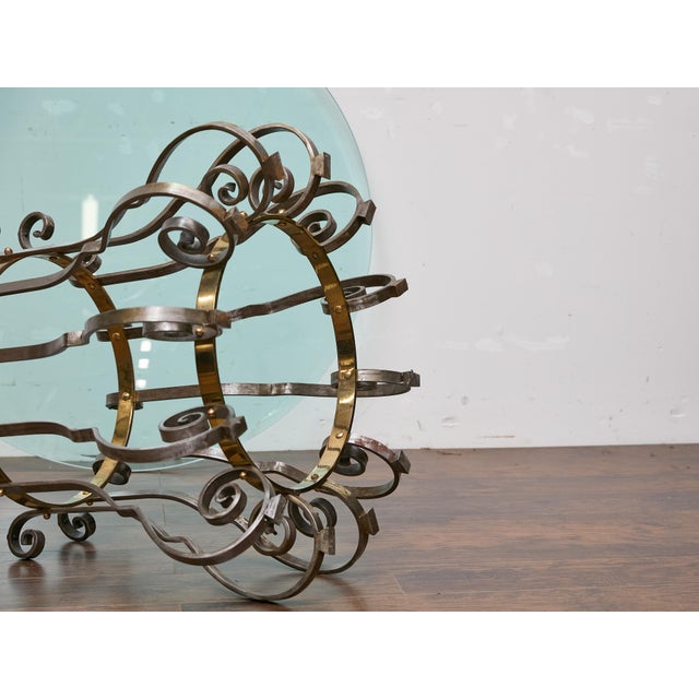 Midcentury Italian Glass Top Center Table with Sculptural Steel and Brass Base For Sale - Image 4 of 12