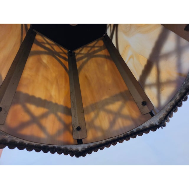 1920s 1920s Gothic Tudor Ecclesiastical Gold Painted Metal & Slag Glass Fixture Chandelier For Sale - Image 5 of 10