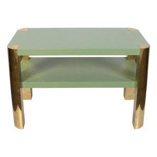 Painted Linen Wrap Karl Springer Style Two Tier Table With Brass Mountings For Sale