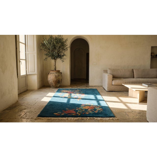 Textile Beautiful Ink Blue Color With Lovely Floral Design Antique Chinese Art Deco Rug For Sale - Image 7 of 9