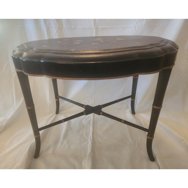 19th Century Mother of Pearl Inlay Black Lacquer Tray Table on Stand For Sale - Image 4 of 4