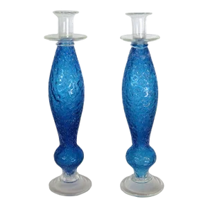 Rare Mid Century Modern Cobalt Blue Spun Glass 15" Candle Holders-A Pair