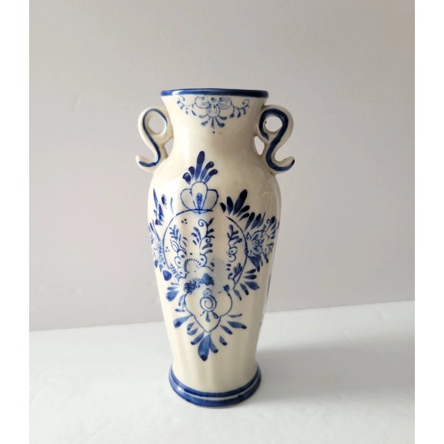 Vintage Delft Style Hand Painted 2 Handles Vase For Sale - Image 6 of 6