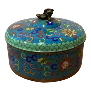 Antique Chinese Cloisonné Enamel Export Trinket Box With Foo Dog