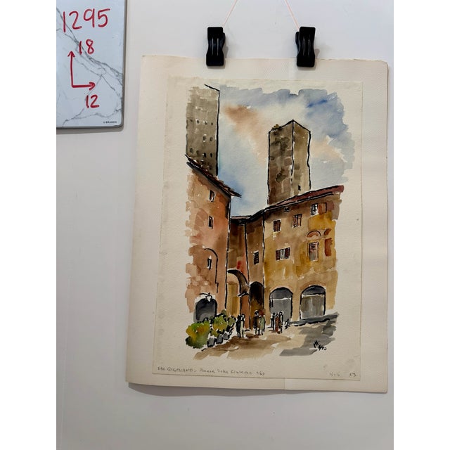 Paper Henry Emil Salloch Original Watercolor on Paper St. Gimignano, Piazza Della Cisterna, Italy. 1970. For Sale - Image 7 of 7