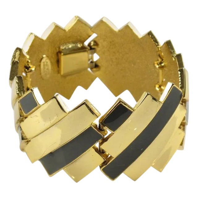 Lanvin Paris Gilt Metal and Gray Enamel Modernist Link Bracelet For Sale