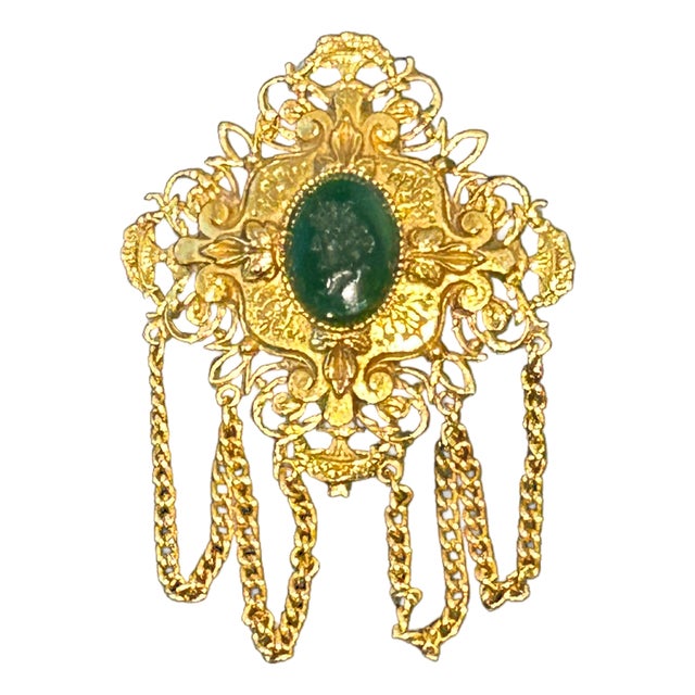 Vintage Signed Art Arthur Pepper Intaglio Cameo Brooch – Renaissance Revival Gold-Tone Filigree With Green Glass Cabochon & Tassel Chains For Sale