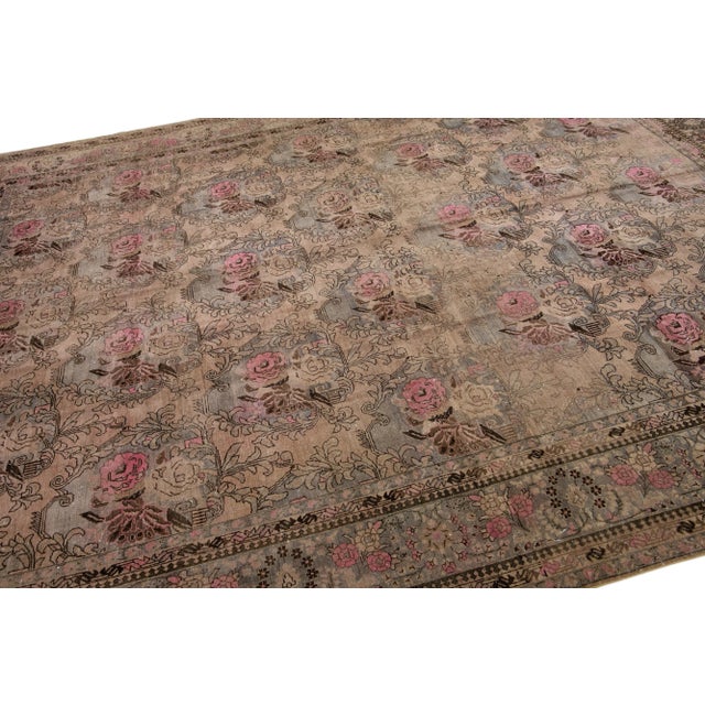Antique Bidjar Handmade Allover Floral Pattern Wool Rug in Brown For Sale In New York - Image 6 of 7
