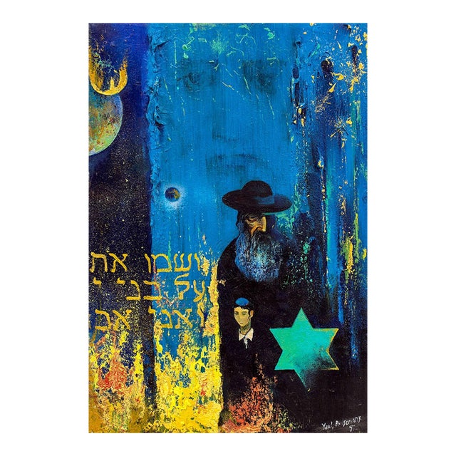 Yuri Brusovany, Post Soviet Avant Garde Rabbi, Expressionist Blue Background, Yellow Star For Sale