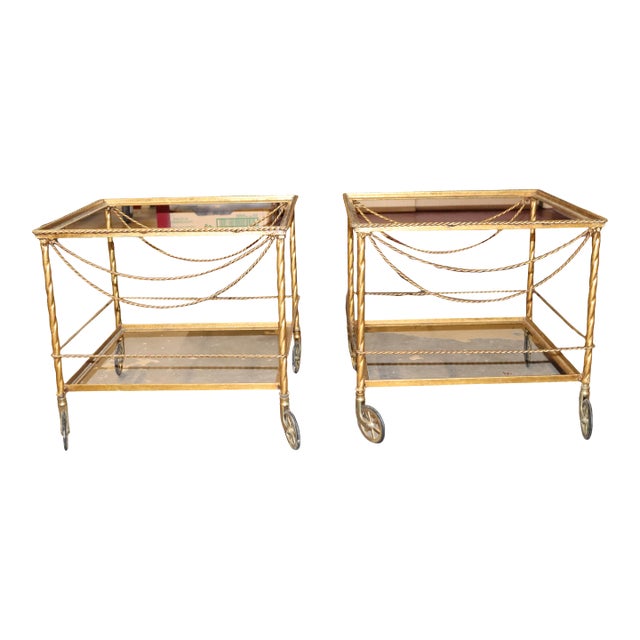 A Pair of 1960s Brass Serving Carts With Glass Inserts For Sale