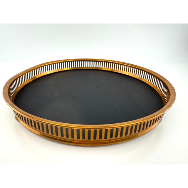 Mid-Century Modern Mid 20th Century Black Faux Leather and Brass Gallery Serving Tray For Sale - Image 3 of 9