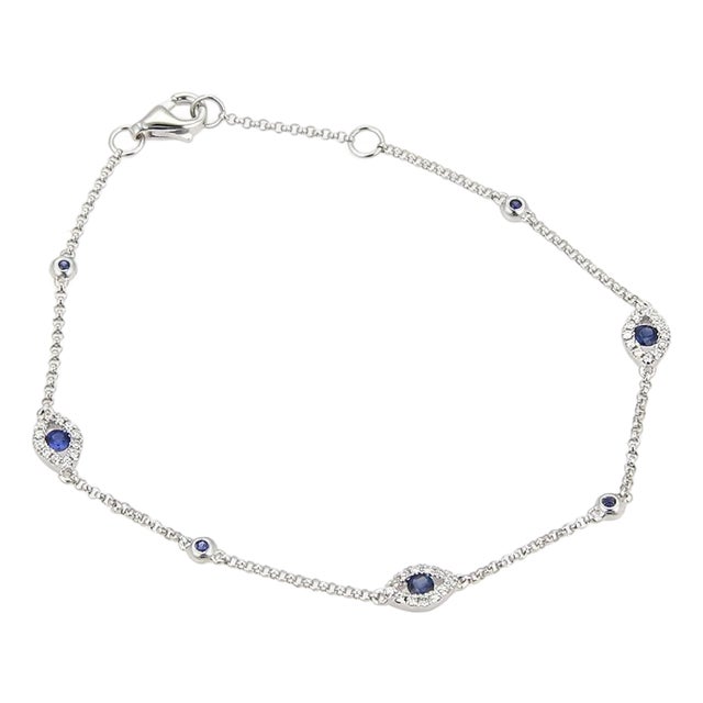 Evil Eye 18k White Gold Blue Sapphire & Diamonds Bracelet For Sale