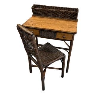 1930s Wicker Rattan Writing Desk & Chair For Sale