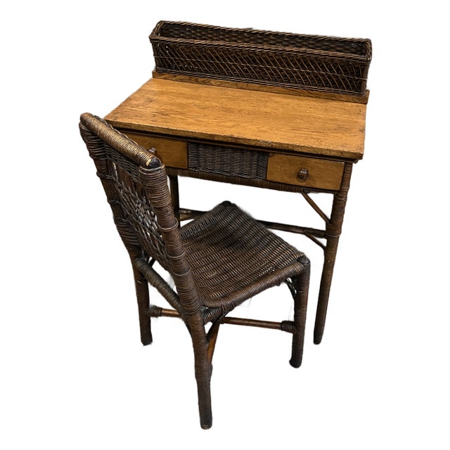 1930s Wicker Rattan Writing Desk & Chair For Sale