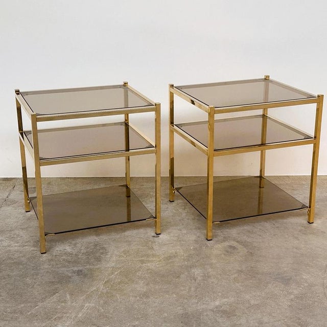 Vintage Brass and Smoked Glass 3-Tier Side Tables, 1970s, Set of 2 For Sale - Image 12 of 12