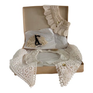 Vintage Handmade Brugge Belgian Lace Collar Collection With Lace Cravat in Original Neiman Marcus Box – Set of 5 For Sale