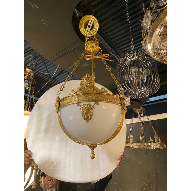 1930s Opaline Glass Bronze Chandelier Light Fixtures For Sale - Image 5 of 5