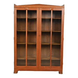 Stickley Brothers Style Antique Mission Oak Arts & Crafts Glass Front Bookcase Cabinet, Circa 1900