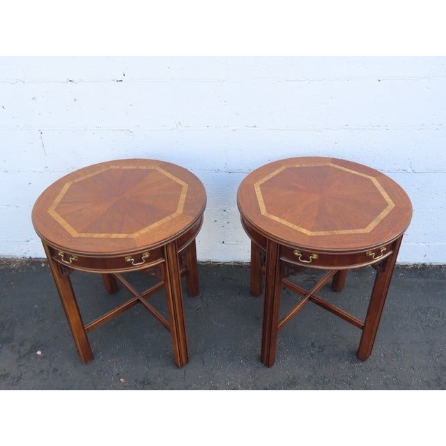Late 20th Century Lane Hollywood Regency Inlay Side End Tables a Pair 3739 For Sale - Image 5 of 18