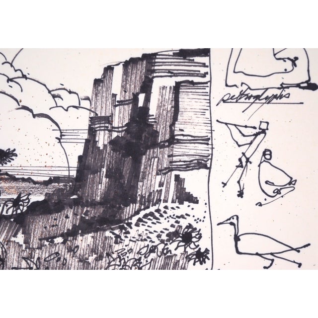 Desert Sunflowers & Petroglyphs - Line Drawing Landscape in Ink on Paper Bold landscape line drawing by listed Maine...
