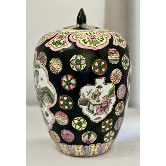 Chinese Vintage Chinese Famille Noire Porcelain Ovoid Ginger Jar With Lid For Sale - Image 3 of 12