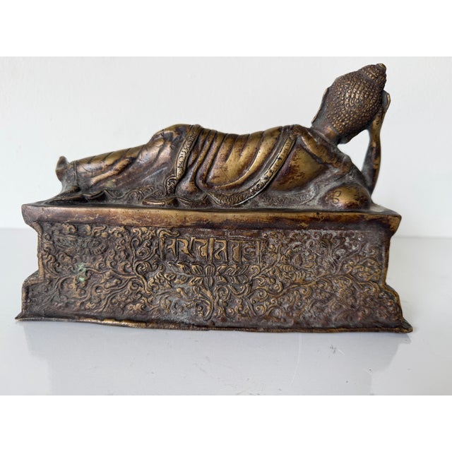 Vintage Asian Reclining Buddha Bronze Sculpture With Ornate Relief Base For Sale - Image 9 of 12