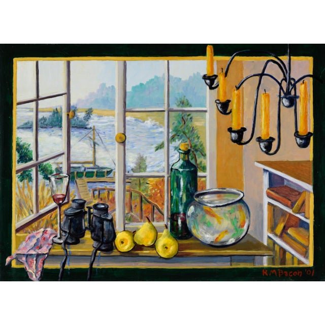 Trompe l'Oeil Still Life and Landscape in Acrylic on Masonite Still life in the trompe l'oeil style by Richard M. Bacon...