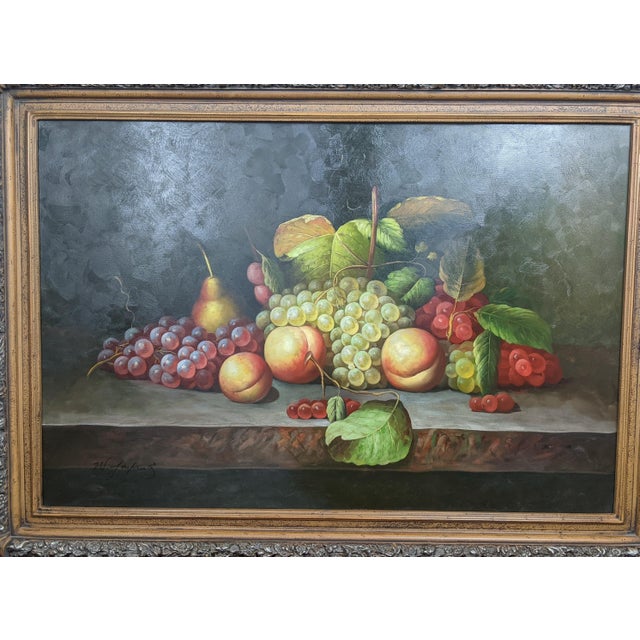 Rustic European Late 20th Century Large Hand-Painted Traditional Fruit Still Life Oil on Canvas in Ornate Carved Frame For Sale - Image 3 of 16