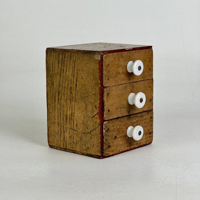 American Early 20th Century Small 3 Drawer Wood Chest With Ceramic Knobs, Hand Crafted & Constructed For Sale - Image 3 of 13