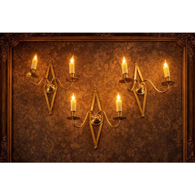 French Brass Wall Sconces with Diamond Backplates, 1960s, Set of 3 For Sale - Image 6 of 18