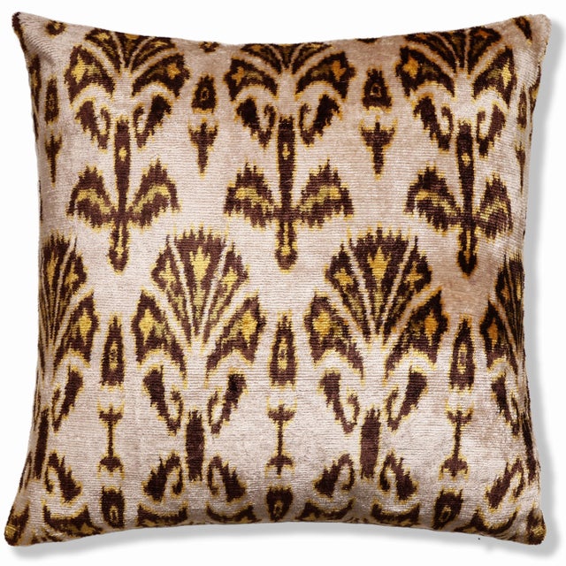 Luxury Gold & Espresso Silk Velvet Throw Pillow 20x20 | Handmade Designer Ikat Cushion For Sale - Image 4 of 8