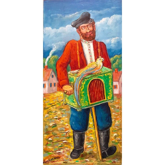 Genre: Modern Subject: Organ grinder with parrot Medium: Oil Surface: Board, size includes artist decorated frame Country:...