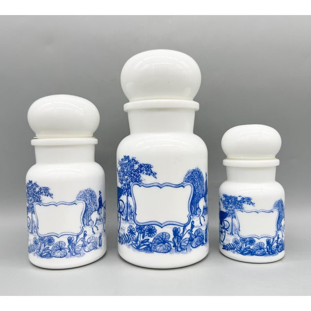 Victorian 1970's Set of 3 Belgian Blue and White Milk Glass Apothecary Jars With Transferware Equestrian Scenes – Victorian / English Country For Sale - Image 3 of 12