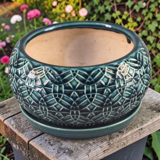 This vintage glazed pottery planter features a beautiful teal, green, and blue color palette, making it a unique and...