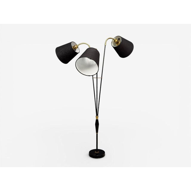 AJH, Swedish Modern, Adjustable Floor Lamp, Lacquered Metal, Brass, Sweden, 1950s A lacquered metal and brass floor lamp...