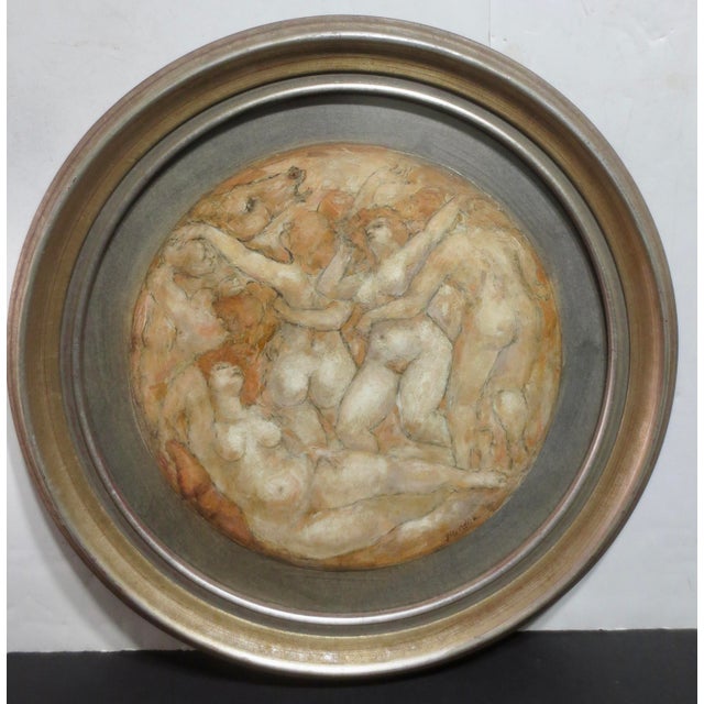 Charles Burdock American (1924-2016). A tondo painting of a bacanale with nudes and horses in a revelry. The color scheme...