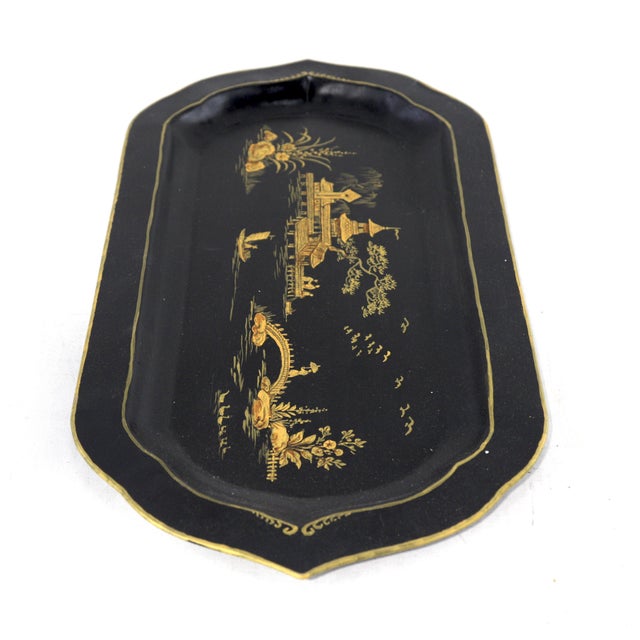 Black Hand-Painted Chinoiserie Art Deco Metal Tray For Sale In New York - Image 6 of 12