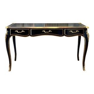 1960s Baker Black Lacquer Desk With Brass Mounts in the Louis XV Style For Sale