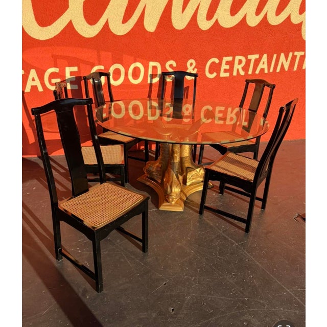 Great sextet of Italian dining chairs here! Chinoiserie style frames in ebony lacquer and cane seats make these a...