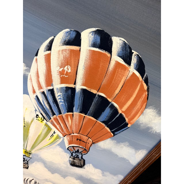 Wood X- Large, Vintage Mid-Century Modern Lee Reynolds Hot Air Balloon and Cloud Scape Oil Painting For Sale - Image 7 of 11