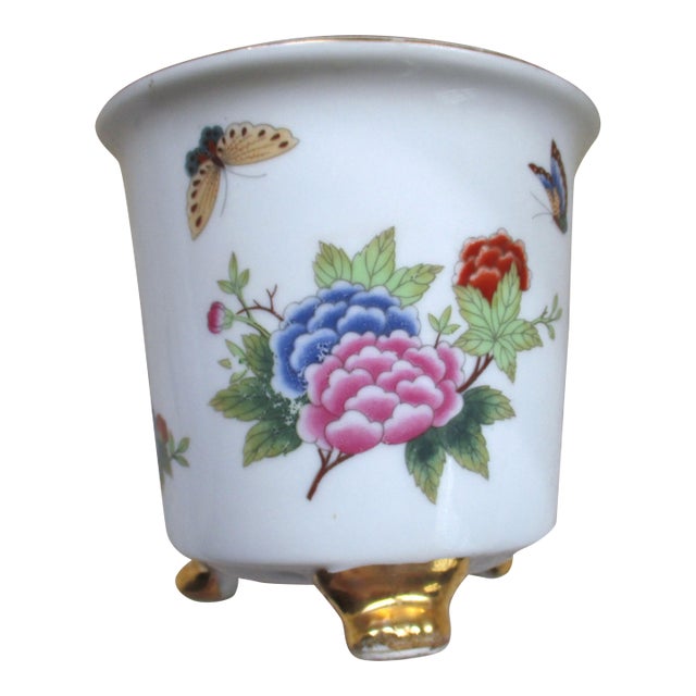 Vintage French Country Design Footed Cachepot / Jardiniere Butterflies & Flower For Sale