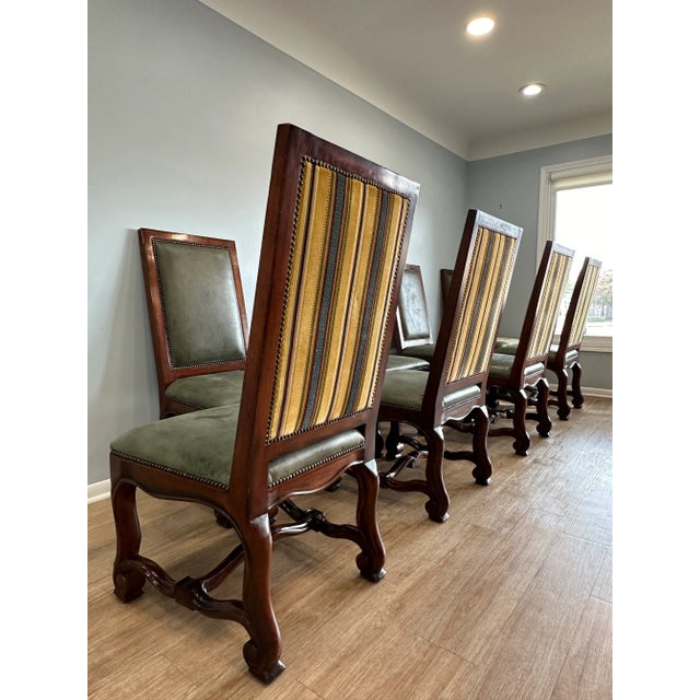 Wood Henredon Furniture Green Leather Side Chairs With Multi-Patterned Striped Upholstered Backs- Set of 8 For Sale - Image 7 of 12