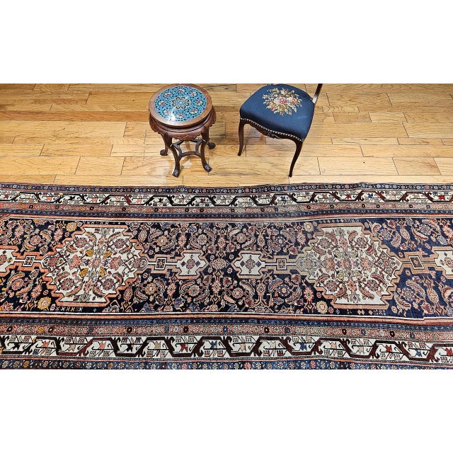 Vintage Persian Bidjar Wide Runner, Hand-Knotted Wool, Geometric Medallion Pattern, Navy & Ivory, 4x14 For Sale - Image 11 of 18